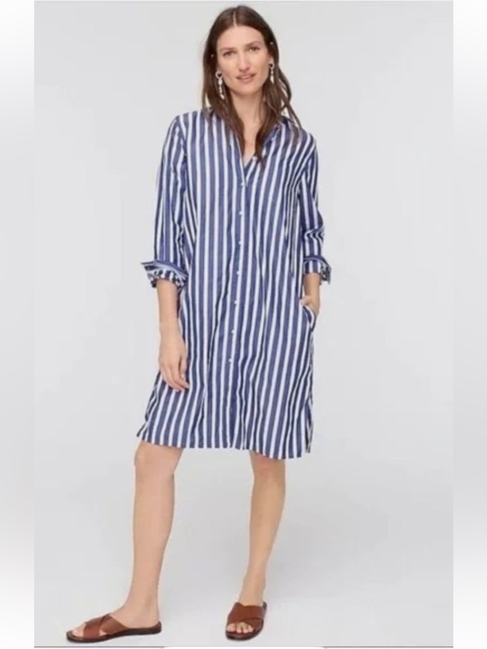 J. Crew Blue and White Stripe coastal Casual Button-Down Shirt dress 100% cotton